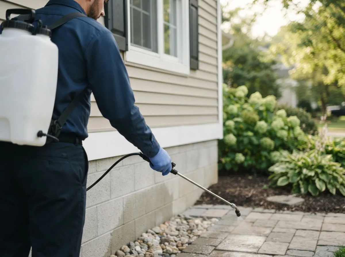 Pest control technician inspecting a home in Polk City, FL
